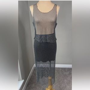 GREY LAB Rhinestone Mesh Knit Coachella Festival Sheer Tank with Maxi Skirt M